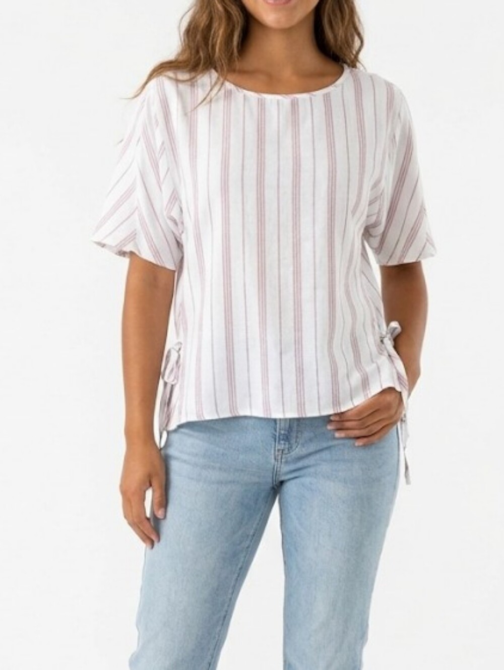glam Est. 2000 Los Angeles White Short Sleeve Top with Dusty Pink Stripes SZ S
